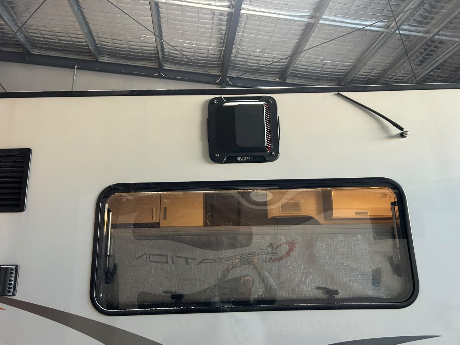 Gusto Dust Reduction System (DRS) intake unit installed through a caravan sidewall by G&S Caravan Services in Port Stephens