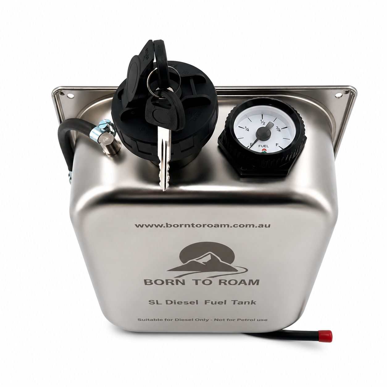 Born To Roam 5L stainless steel diesel fuel tank with lockable cap and fuel gauge for caravan heating installs