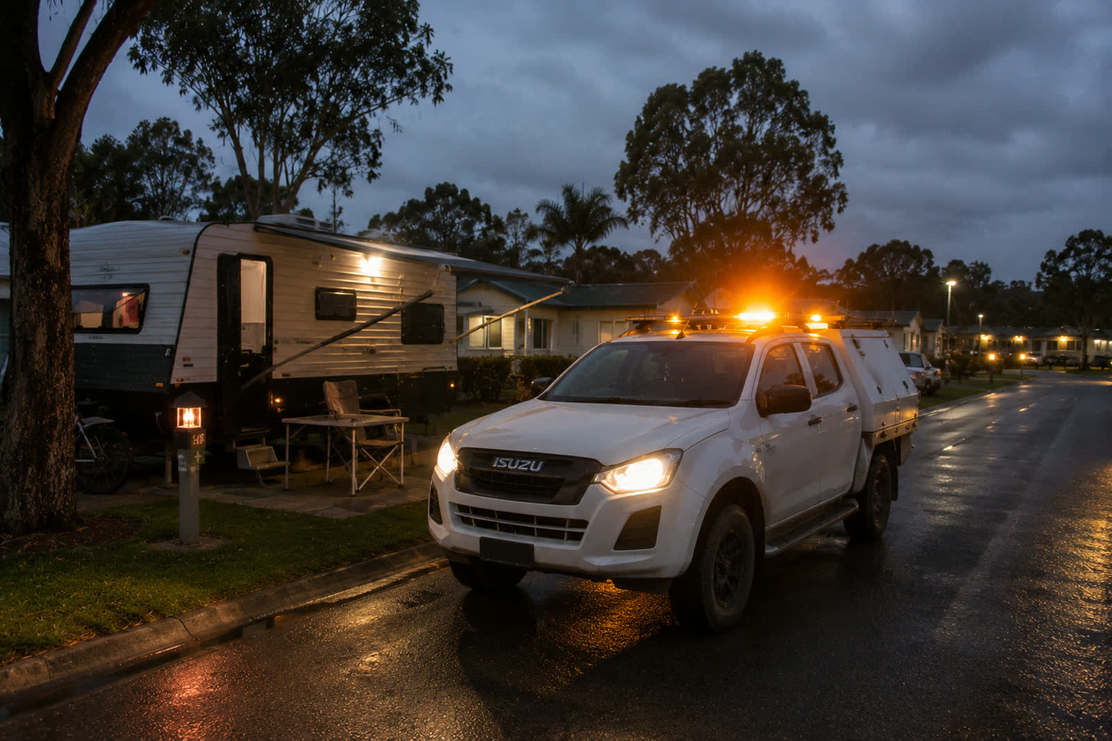 G&S Caravan Services mobile call-out vehicle with emergency lights attending a caravan breakdown in Port Stephens
