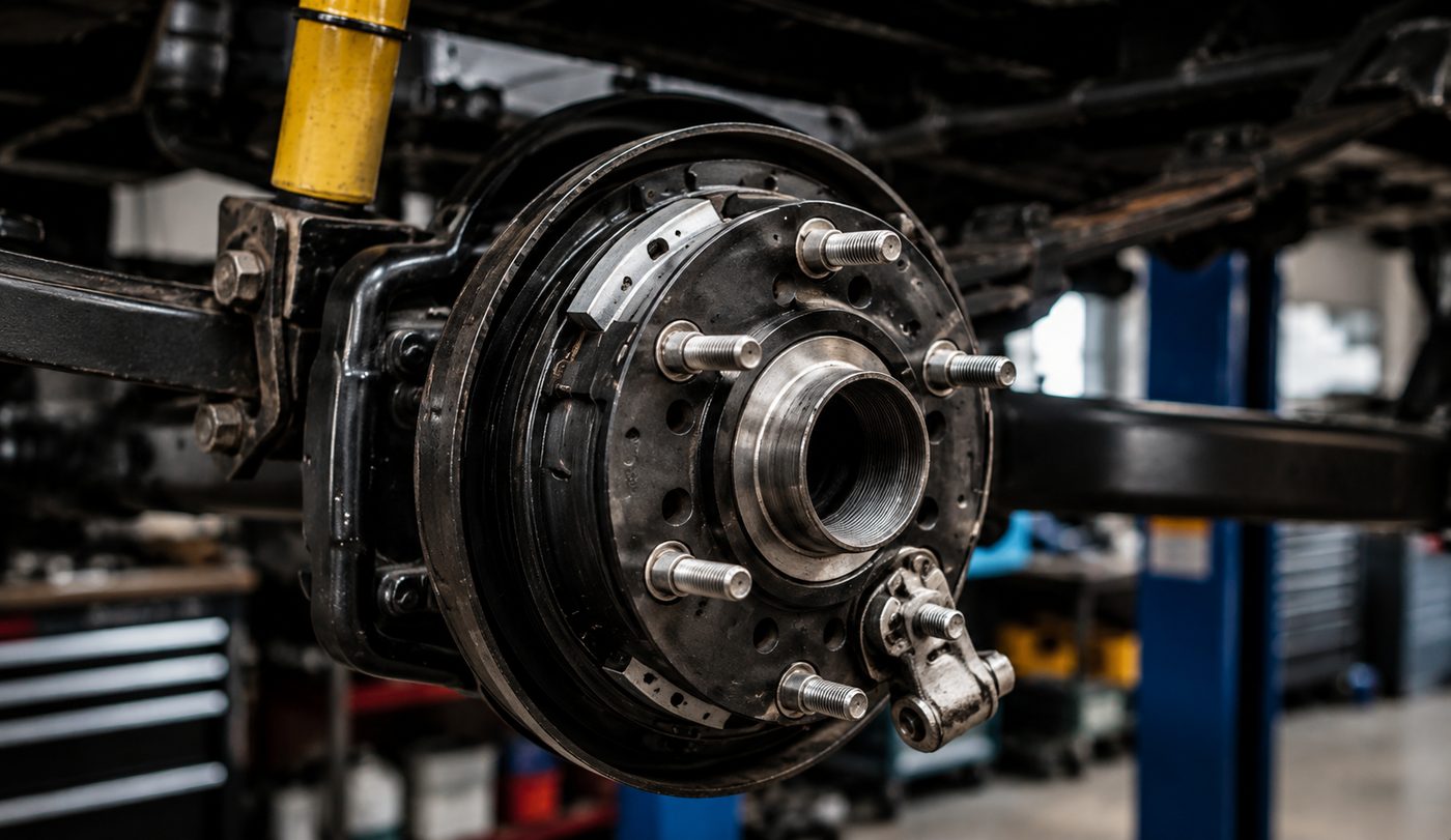Close-up of caravan brake drum, wheel bearing and hub inspection during G&S Caravan Services safety check